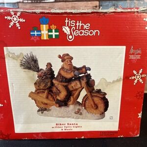 Vtg Fiber Optic Lights Biker Santa W/ Music Tis The Season Christmas Decor